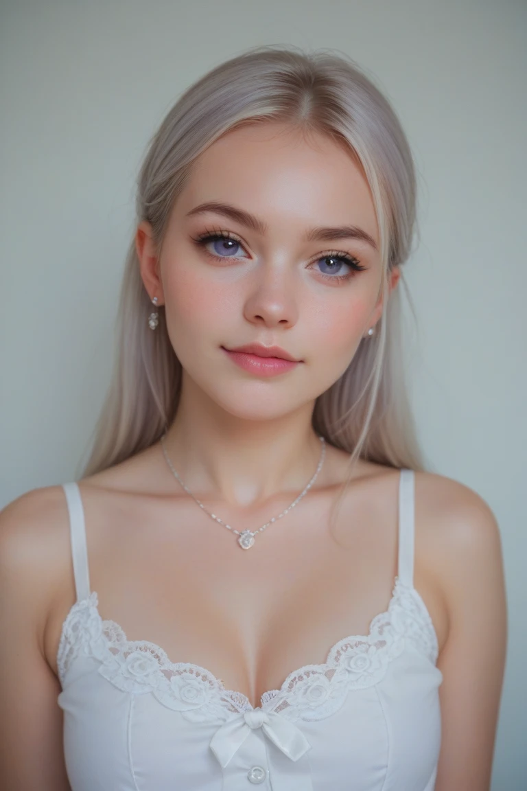 Instagram selfie of a russian model girl in pink flluffy tight dress. Long white hair. shoulders opened. Bedroom on the background. platinum blonde. White hair. lips half opened. Silver necklace with hearts. Live photo in motion. Selfie. light smile on her lips. White hair falling on shoulders. White hair falling on shoulders. White hair falling on shoulders. White hair falling on shoulders. blue eyes. upper body visible. vogue opened pose. She should have a happy expression. soft lights. detailed hairstyle, long hair falling on shoulders, symmetrical. photo from instagram.