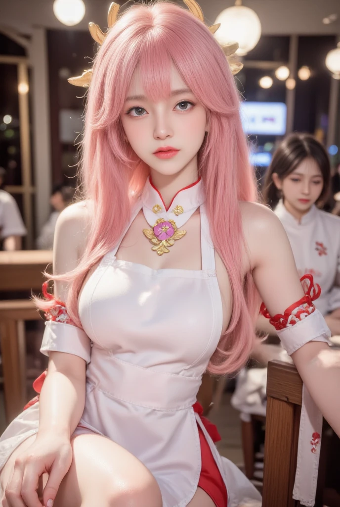 photorealistic, high resolution, 1women, solo, ???? up, look at viewer, yae miko, ?????????????, , cleavage,detached sleeves, ???? shoulders, pink hair, long hair, ????????????, best quality, (hair ornament:1.35), jewelry, purple eyes, earrings, torii, cherry blossoms, lantern light, depth of field, detailed face, face focus, ribbon_trim, nontraditional miko, shiny skin, long sleeves