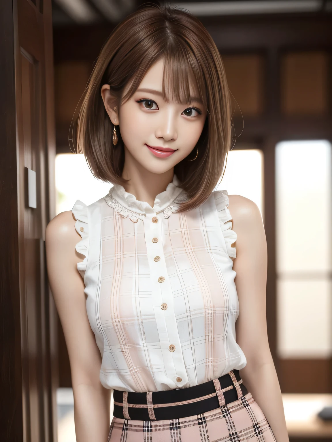 masterpiece, best quality, ultra-detailed, unity 8k wallpaper, hyper detailed, realistic, sharp features, highly detailed, professional quality, Photorealistic, hyper realistic, high resolution, Korean Model, Beautiful Korean girl, (19yo:1.3), (everyday makeup, neutral tones), sophisticated look, Perfect facial features, Beautiful Face, Glossy lip, (pink blush pink), Highly detailed face and skin texture, perfect limbs, perfect anatomy, (chestnut brown hair chestnut brown), Bob cut, cowboy shot, (arms behind back:1.2), (white blouse white), ((black plaid skirt)), sunlight, (shyly smiling),