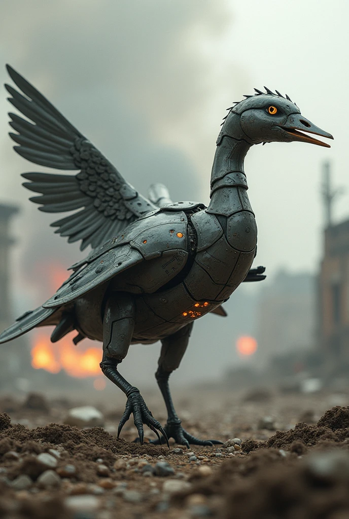 masterpiece, (photorealistic:1.4), best quality, Biomechanical bird, flying, through battlefield