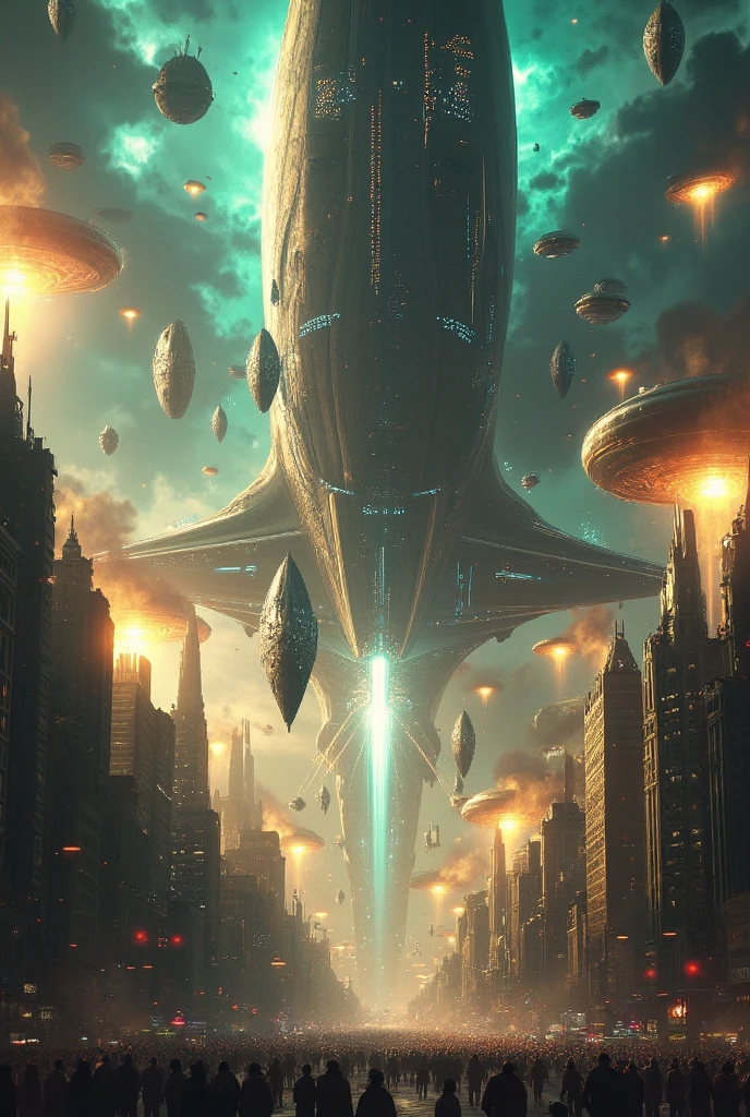 a poster of a large alien spaceship flying over a city, ufology, ufo attack, extraterrestrial paradise, alien abduction, populated with aliens and people, ufo abduction, alien mothership, alien invasion, aliens land here, retro sci - fi art, ufo aliens, extraterrestrial, alien mothership in the sky, depicted as a scifi scene