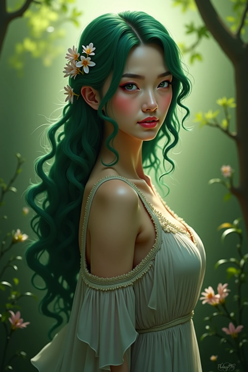 1girl,sexy,long flowing green hair,elegant natural style clothing