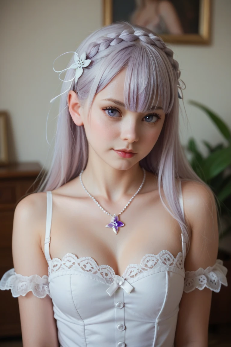 realisitic, 1 girl, White hair, purples eyes, glare eyes, top cut, overskirt, parted lips, blush, natta, flowers, floor, floorlight,