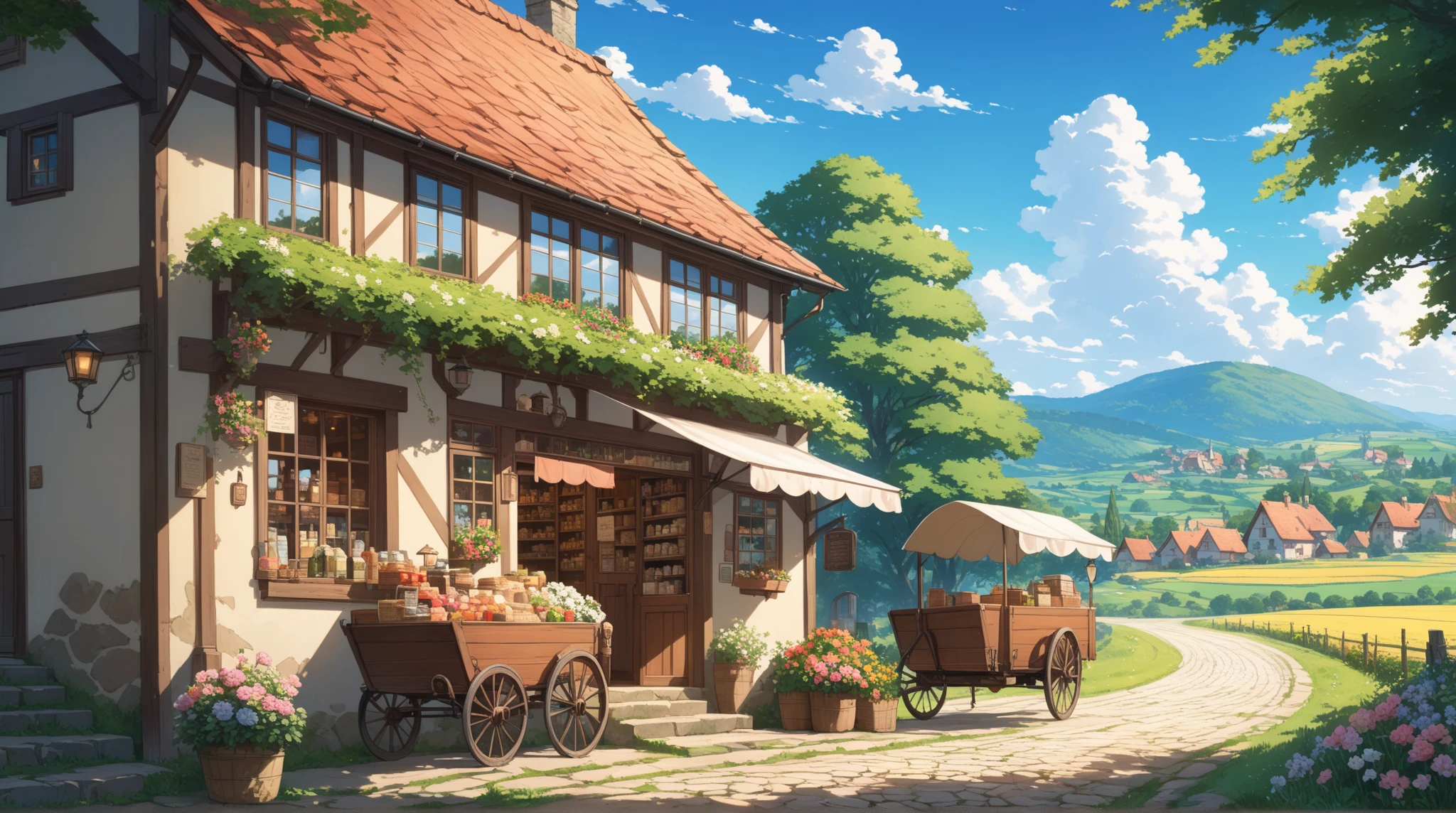 masterpiece, best quality, serene European countryside landscape, early 20th century rural village scene, charming general store next to a large tree, delicious-looking goods displayed beside the entrance, vintage wooden façade, cobblestone path, people in period clothing, bicycles parked outside, rustic carts with goods, vast green fields, gently rolling hills, picturesque cottages with tiled roofs, clear blue sky, fluffy white clouds, vibrant colors, lush greenery, blooming flowers, tranquil and nostalgic atmosphere, highres, 4k, 8k, intricate detail, cinematic lighting, amazing quality, amazing shading, soft lighting, detailed illustration, anime style, wallpaper, atmospheric, idyllic, peaceful, breathtaking visual