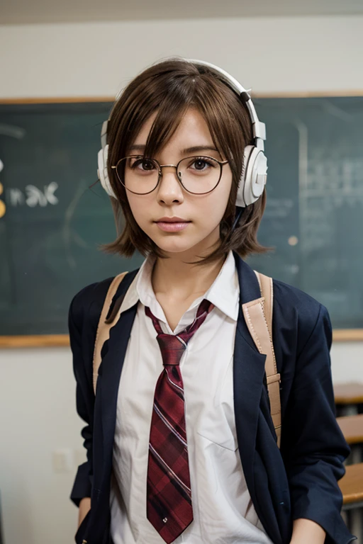 Anime character with brown hair and white ahoge, school uniform and headphone in the neck, oval glasses, and the magic school robes