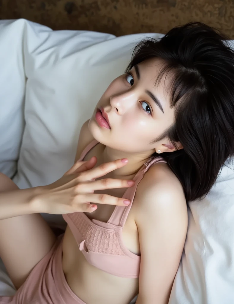 very white and short black hair, big boobies, pink nipples and pink vagina lying on the bed with legs open and innocent face