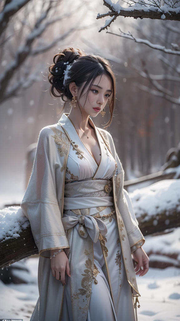 (32K, best quality in bronze, masterpiece, photorealistic, Ultra High Resolution), ((winter, Powder Snow, large dead tree)), blur background, perfect and detailed skin and face textures:1.3, perfect dynamic composition:1.3, (Battlefield Nights in the Warring States Period:0.5, Expression of transience:1.4, crying:0.6, broken heart:1.0), slim samurai lady, perfect style, beautiful and aesthetic, natural makeup, fine eyebrows, white skin, (Professional Samurai:0.7, Has a Japanese sword:0.7), (Extremely beautiful face:0.8, Beautiful erotic eyes:0.8, overly sensual:0.8, seductive:0.8), fantastic beauty, medium breasts,  chest gap, earrings, wedding rings, wet body, wet hair, after rain, Water droplets on skin, Sadness, Elegant, Solemn, Spectacular, Supple, Luxurious