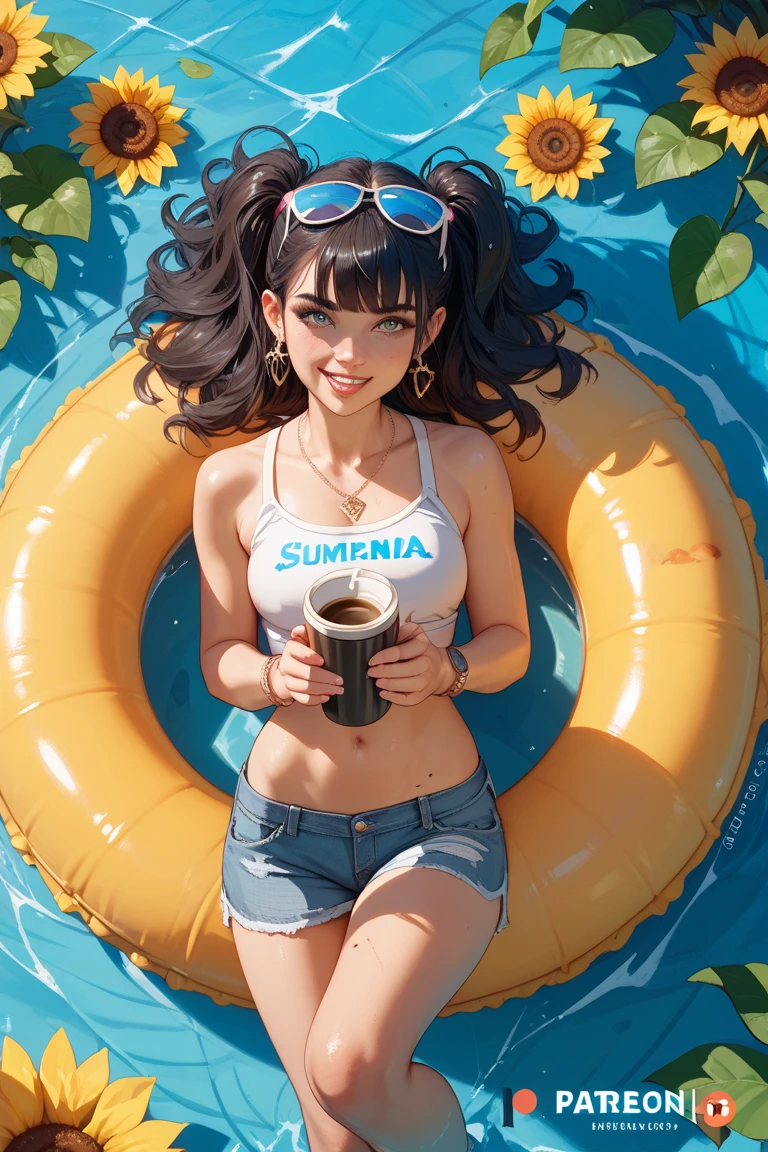 (masterpiece), (best quality), (official art, extremely detailed CG unity 8k wallpaper), (highly detailed), ((absurdres)),1girl,black hair,((full body shot)),sunglasses,drinking boba tea,holding tea with breast, large breast,long hair,straight hair,upper body shot,lying on beach chair,(from below:1.2),white high leg leotard,