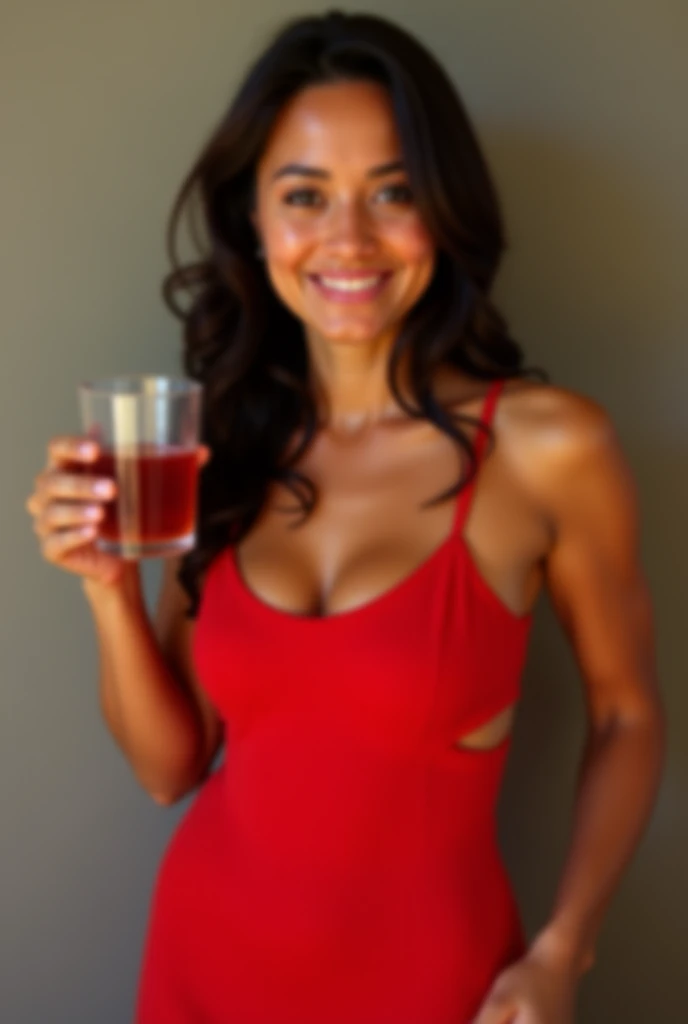 (Mimi Rogers, age 30, very large natural bust) in a sexy sunshine themed leotard, she is flirting and striking action poses while holding sci fi weapons, Japanese Orange Juice Commercial