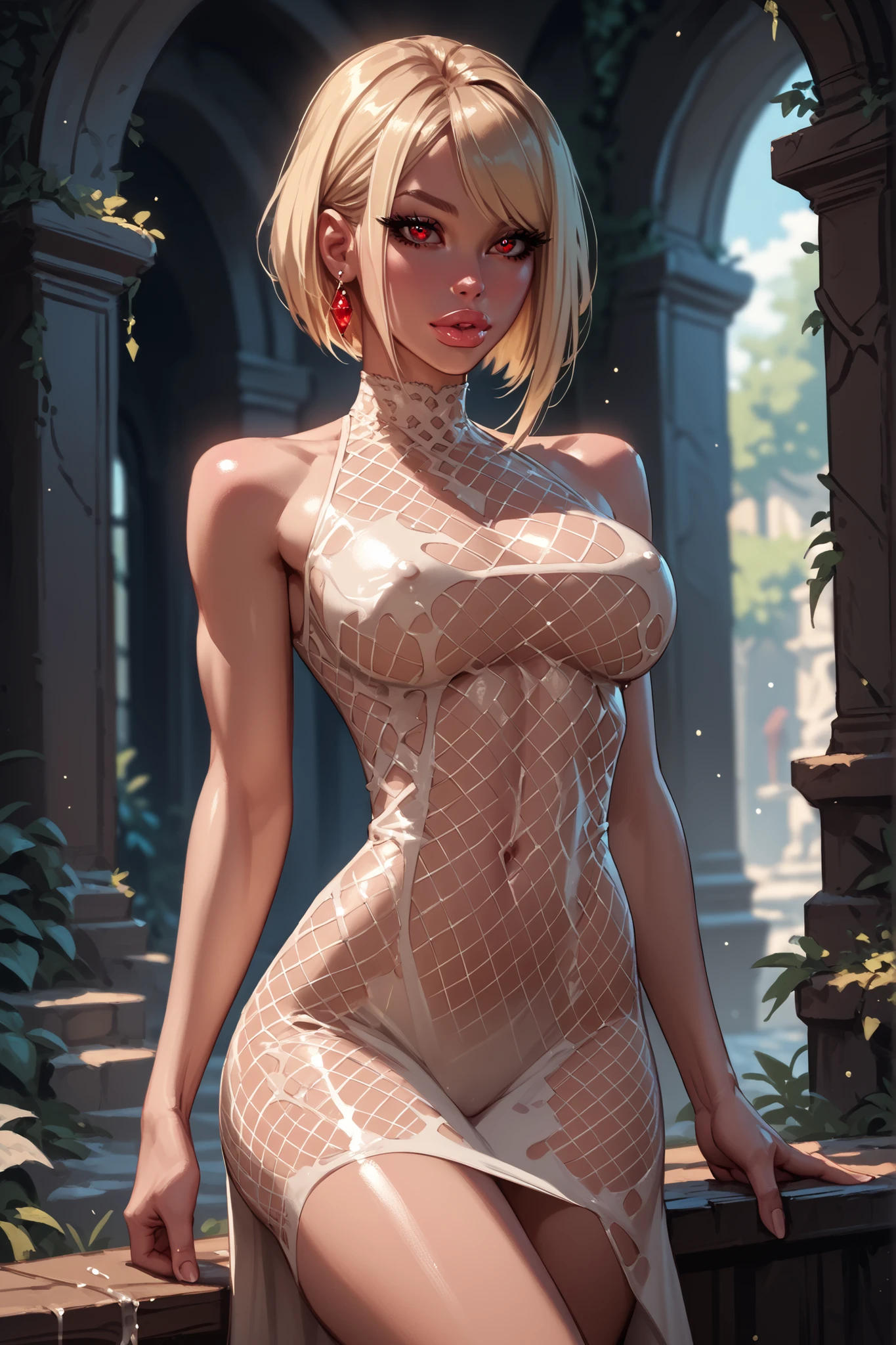 fantasy characters, sexy young blonde girl, huge , slim body, perfect hips, wearing only a fishnets dress, red eyes, long blonde straight hairs, covered in thick cum, crossing her eyes in pleasure, location is a dark dungeon