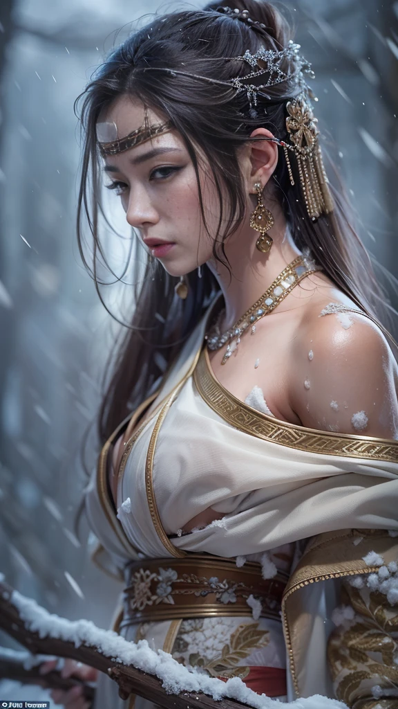 (32K, best quality in bronze, masterpiece, photorealistic, Ultra High Resolution), ((winter, Powder Snow, large dead tree)), blur background, perfect and detailed skin and face textures:1.3, perfect dynamic composition:1.3, (Battlefield Nights in the Warring States Period:0.5, Expression of transience:1.4, crying:0.6, broken heart:1.0), slim samurai lady, perfect style, beautiful and aesthetic, natural makeup, fine eyebrows, white skin, (Professional samurai armor:0.7, Has a Japanese sword:0.7), (Extremely beautiful face:0.8, Beautiful erotic eyes:0.8, overly sensual:0.8, seductive:0.8), fantastic beauty, medium breasts,  chest gap, earrings, wedding rings, wet body, wet hair, after rain, Water droplets on skin, Sadness, Elegant, Solemn, Spectacular, Supple, Luxurious