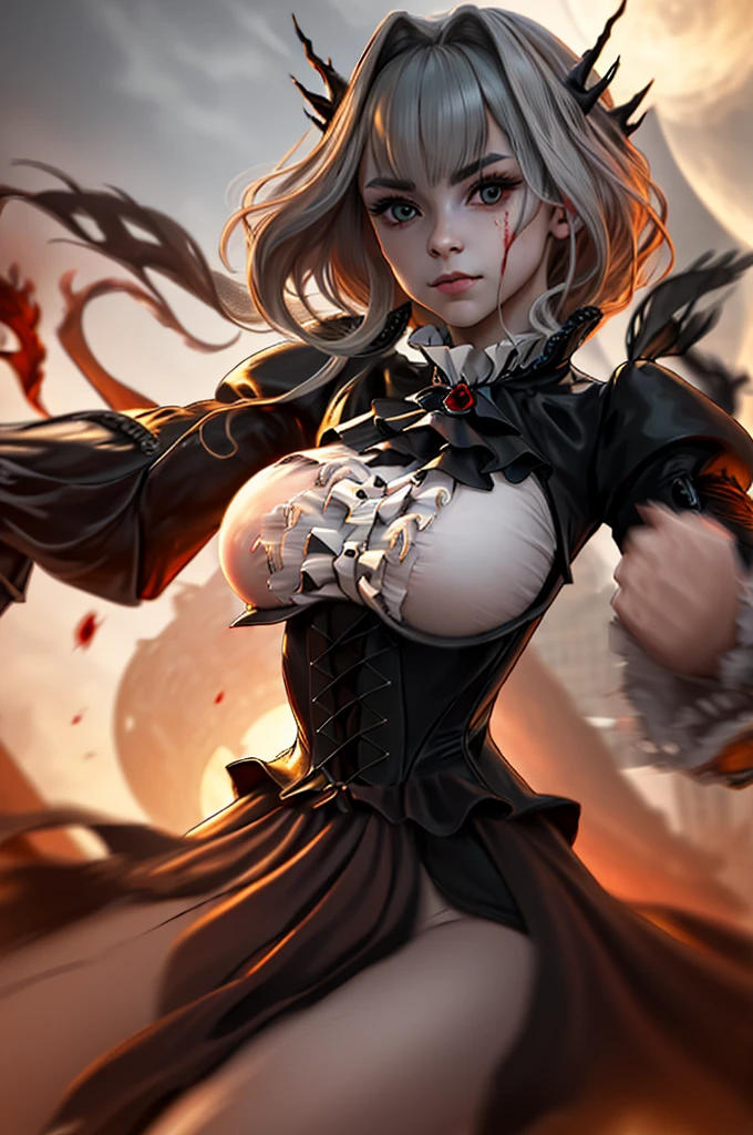 (((Create one .), (Realistic), (close), (Stand Tall)), ((Dark and mysterious), (night, Rain of blood, Gothic anime)))_(( (Gothic unusual masterpiece of art)),((Ominous clouds, Hauntingly beautiful, Ethereal moonlight, Spooky Shadow))_((Beautiful appearance, Half turn 16+ Year),(Realistic)),((Small pink breasts, graceful, Slim young hips)),((Long double braids),(Tight braids), (Braided hair),(Black Hair)),((red lips)), ((smile)))_ ((((Glowing Skin: 1.5, White skin, White skin: 1.5)),((sexy),(erotic),(cute),(Browsing Caution)))_(((Exposing shoulders, red lace dress)),(((red chiffon dress, Very short dress, Fitted), (red), (Transparent lace dress)),((Standing almost naked - Tattoo)))_(((Arm with elbow pad, Tactical Glove Palm),(Bare thighs, Stomach)) ,((Combat leg knee pads, Stockings up to the thighs)), ((Thick leather lace-up boots)))_(((great artistry, Exquisite detail, Dramatic lighting, vibrant red hues), (Beautiful lily flower, red with black), (Ominous lily flower, Strange symbols, Surreal elements))_((Strong contrast, Spooky, artistic masterpiece, Detailed Texture, Dark Color Palette, Sinister Fear)))_(((Digital Painting, Anime Style, cyber punk ), (最high quality, 4K, High resolution, masterpiece: 1.2)),((Super detailed)),((Realistic, photoRealistic, photoRealistic: 1.37)))_(((Soft and clear shape, High-level overview, Attention to detail )))_(((high quality, 16K | Ultra HD | Full HD))).