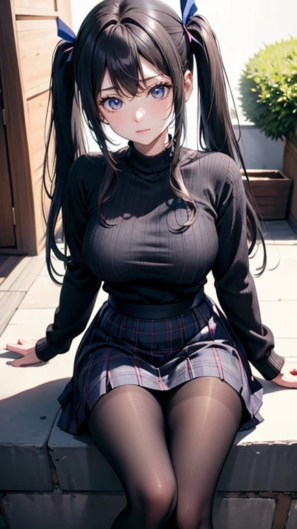 Woman, sexy body, curvy body, sexy lips, smile, big breasts, cleavage, (red eyes), long black hair, side twintails hair, long eyelashes, sparkly eyes, detailed eyes, big hips, sexy expression, anatomically correct, super detail, high quality, highres, 4K, vibrant colors, clear picture, (full body shot), turtleneck sweater dres, pleated skirt, garter belts, stockings, high heels boots, outdoor, squatting, panty shot, leg is open