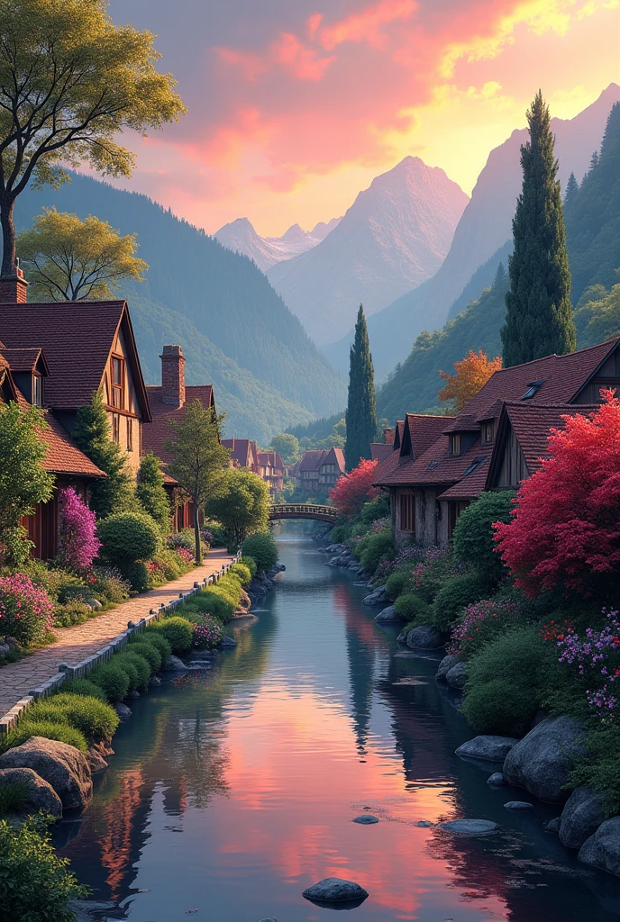A small village by the river, color of the mountain in the background, colorful flower flowers, detailed landscape, beautiful natural scenery, atmospheric lighting, scorching sunset, warm colors, Practical, фотоPractical, detailed foliage, complex buildings, paved street, charming country house, swirl bright colors, lush vegetation, reflections on water, picturesque, idyllic, artwork, the best quality, 8k, very detailed,  anime stylization , microcosm
