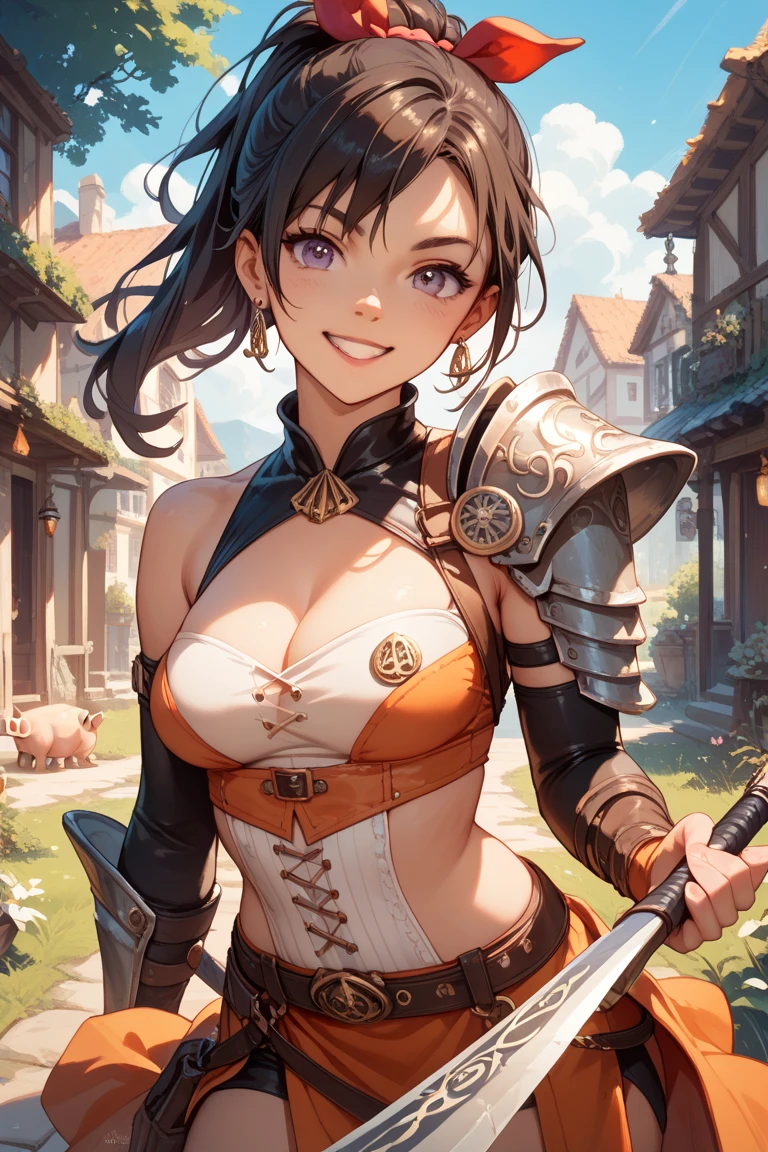 "(masterpiece:1.1), best quality, NSFW, 
1girl, (80s anime style:1.3), (eyelashes:1.5), (loli:1.2), 
(intricate high detailed body:1.2), 
(brown hair:1.1), (hair slicked back:1.2), (short hair, french braid:1.1), (hair ribbon:1.2), 
brown eyes, 
(gigantic breasts1.5), 
(happy, smile:1.2), (blush:1.1), open mouth, 
(string bikini armor, corset:1.2), (garter belt:1.2), 
(knight armor, armored boots:1.2), (suspenders:1.1), (jewelry:1.1), collar, 
standing, leaning forward, 
(upper body, cowboy shot, looking at viewer, from front:1.1),
(daytime, grassland, outdoors:1.2)"
