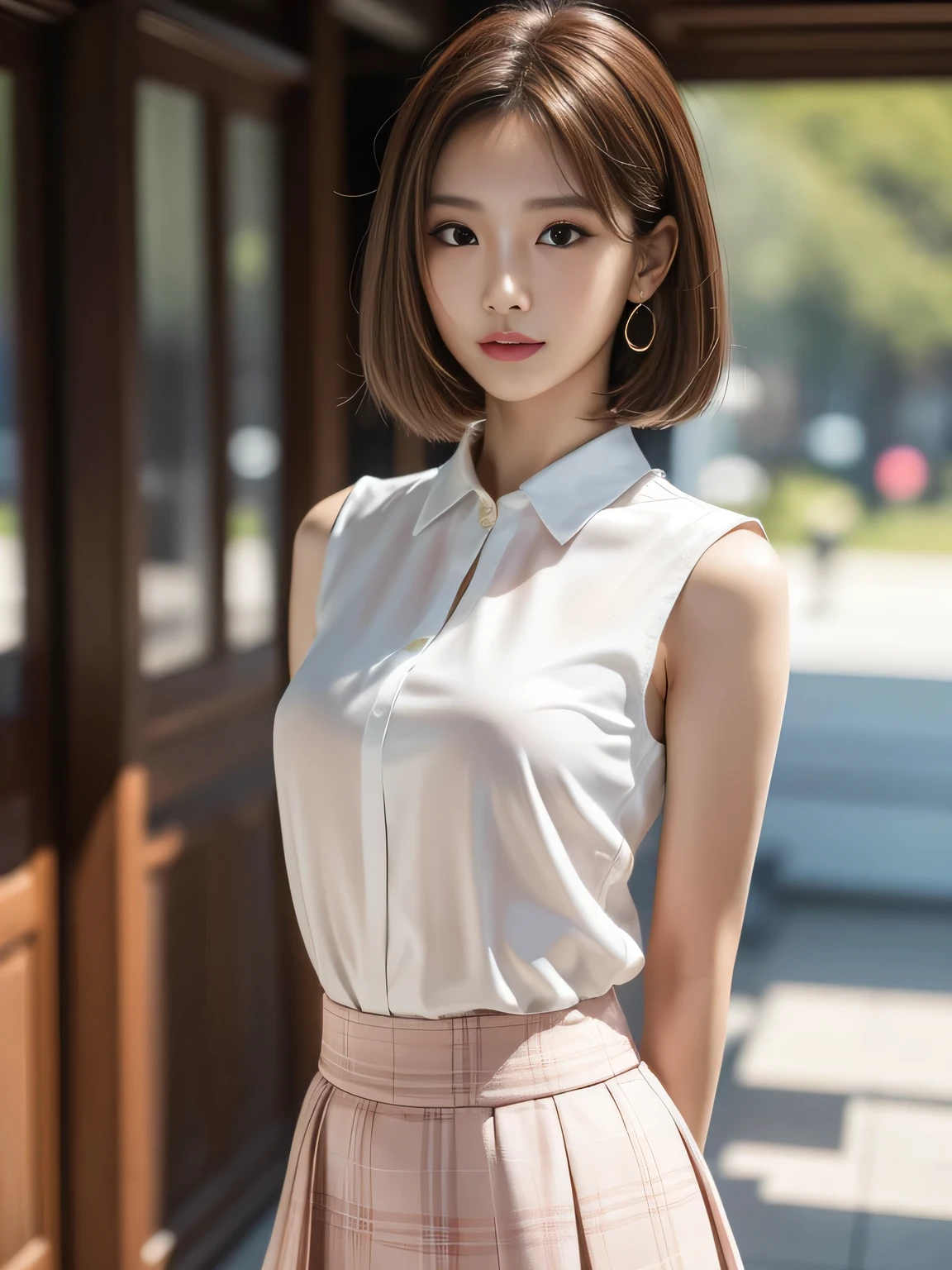 masterpiece, best quality, ultra-detailed, unity 8k wallpaper, hyper detailed, realistic, sharp features, highly detailed, professional quality, Photorealistic, hyper realistic, high resolution, Korean Model, Beautiful Korean girl, (19yo:1.3), (everyday makeup, neutral tones), sophisticated look, Perfect facial features, Beautiful Face, Glossy lip, (pink blush pink), Highly detailed face and skin texture, perfect limbs, perfect anatomy, (chestnut brown hair chestnut brown), Bob cut, cowboy shot, (arms behind back:1.2), (white blouse white), (plaid skirt), sunlight, (shyly smiling:0.9),