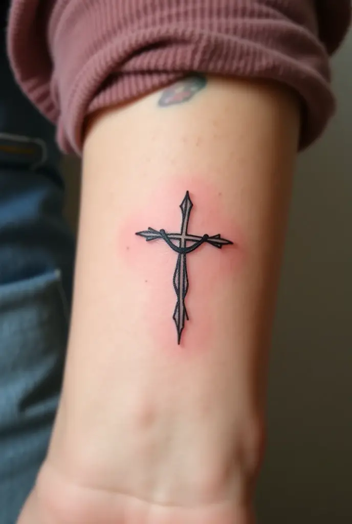 small tattoo of a cross on the back of the arm at the level of the trice