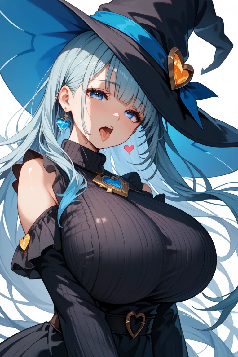 Extremely detailed CG unified 8k wallpaper, Very beautiful 8KCG wallpaper, best quality ,Ultra Detailed ,Pretty Face ,masterpiece、Top image quality、Top quality、White hair、Blue and white witch costume、witch hat、Light blue eyes,Background is starry sky,Open chest,Big Breasts,Big nipples,The nipple is prominent inside,transparent,The areola is large,Pink areola,Areola exposure,Magic wand in hand
