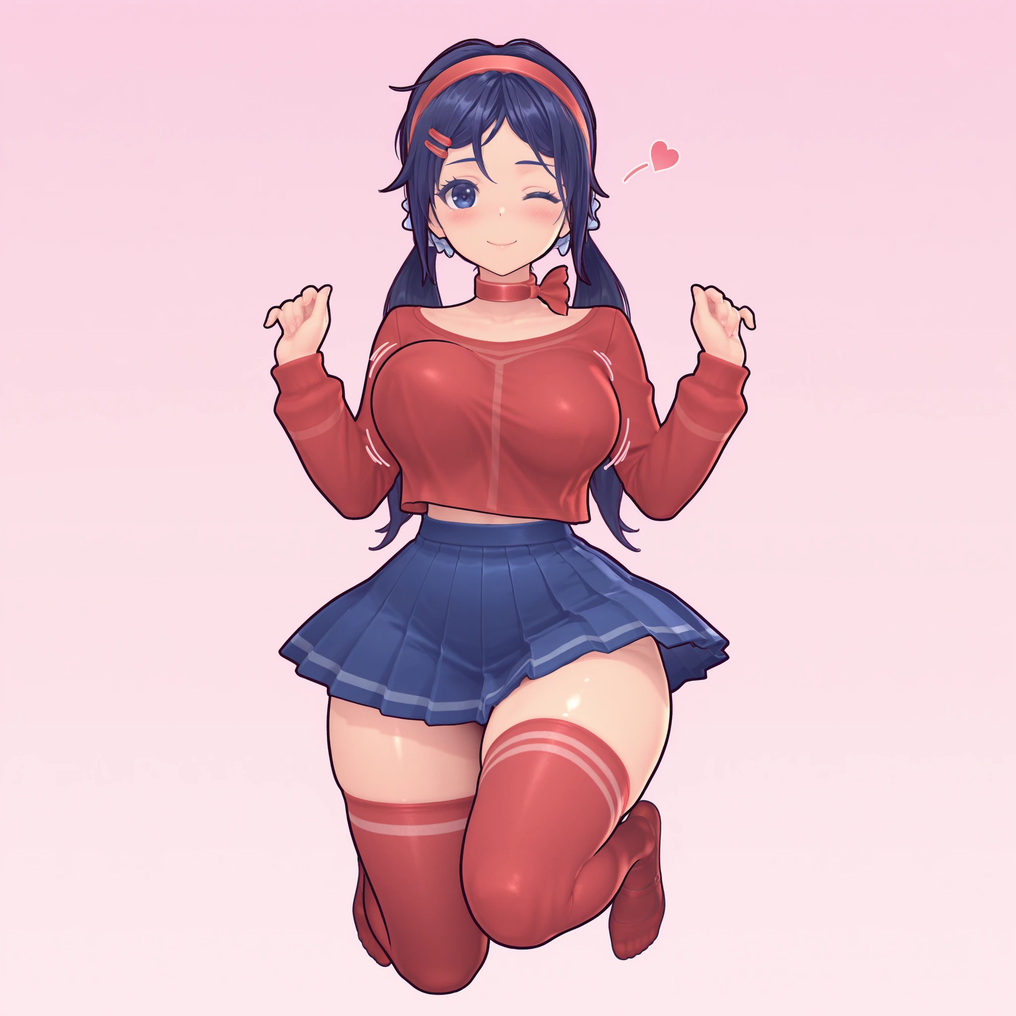 1girl, solo, blue hair, hair ornament ,hairband, hairclip, long hair, twintails, hair scrunchie, blue eyes, big breasts, narrow waist, wide hips, thick thighs, red hairband, red collar, red shirt, long sleeves, blue skirt, pleated skirt, red thighhighs, red socks, miniskirt, crop top, thighhighs, choker, ribbon choker, blush, smile, wink, cute, jumping, bouncing breasts, full body, looking at viewer, simple background, from the front view, shiny skin, high res