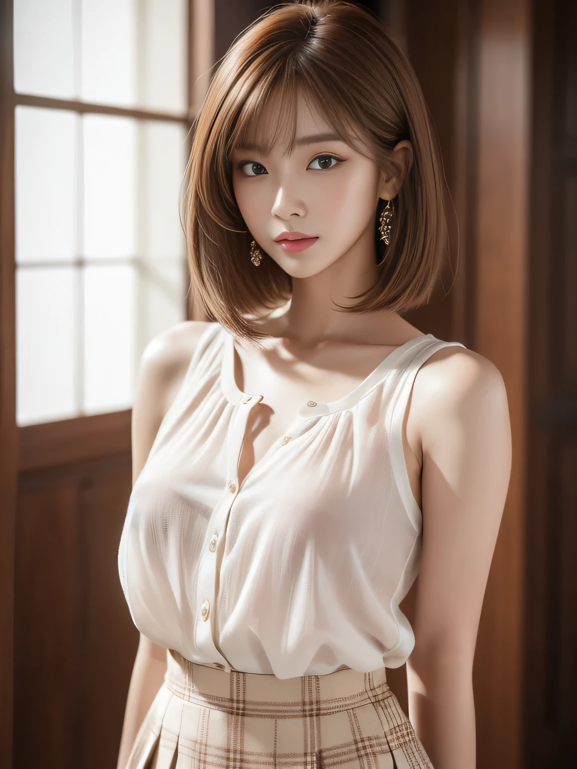masterpiece, best quality, ultra-detailed, unity 8k wallpaper, hyper detailed, realistic, sharp features, highly detailed, professional quality, Photorealistic, hyper realistic, high resolution, Korean Model, Beautiful Korean girl, (19yo:1.3), (everyday makeup, neutral tones), sophisticated look, Perfect facial features, Beautiful Face, Glossy lip, (pink blush pink), Highly detailed face and skin texture, perfect limbs, perfect anatomy, (chestnut brown hair chestnut brown), Bob cut, cowboy shot, (arms behind back:1.2), (white blouse white), (plaid skirt), sunlight, (shyly smiling:0.9),