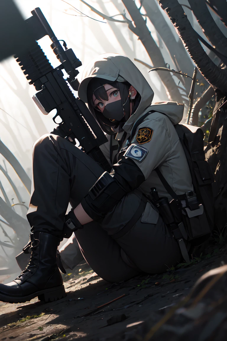 1girl, long gray hair, military gear, tactical vest, black clothes, oxygen mask, black gloves, glowing purple eyes, mechanized, hiding, nighttime, darkness, forest, trees, crouching