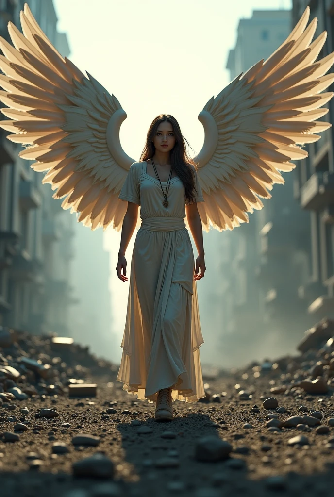 (front view:1. 2) of a black and graceful fallen female angel,finely detailed features,warmly lit from the front,hyper realistic, ultra detailed photograph of a woman, large white wings folded down, sad, intricate white dress, walk on decrepit street in fire, destroyed buildings, dark sky, active fires in background, volumetric fog, subsurface scattering, ambient occlusion, post apocalyptic, ruins of war, fire, smoke,