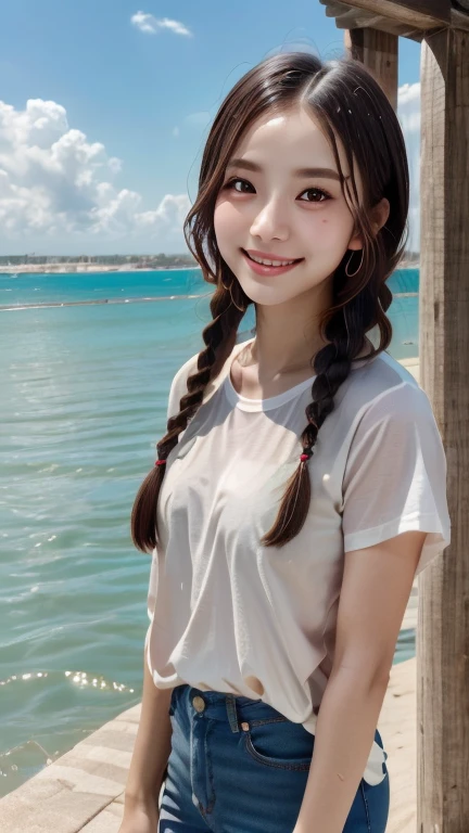 (Facial Focus), (1 Girl, Female, Woman, Solo, Pale Skin, Casual Fashion, Kawaii), (Long Hair, Single Braided Hair, Black Hair, Cute Face, Light Smile), (By the Sea), Milky Way, Sunset,