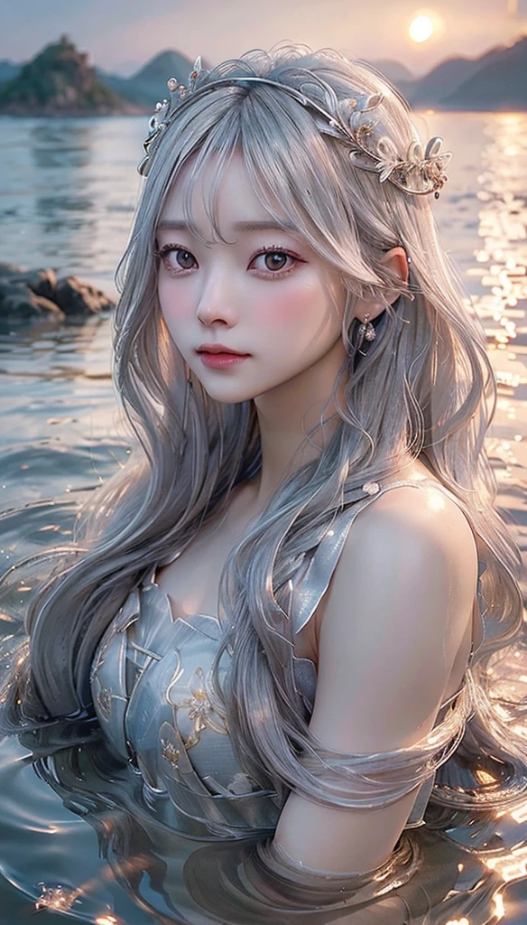 ((Full body)) ((Best Quality, 8K, Best Picture Quality, Ultra High Definition)), Beautiful Girl, 18 Years Old, Solo, Small, Baby Face, Gentle Smile, White Teeth, Ultra High Detail and Beautiful Skin, Fair Skin, Silver Hair, Ponytail, Sandy Beach, Blue Sky, Yellow Micro Bikini, Ultra Detailed and Beautiful Face, Low Angle