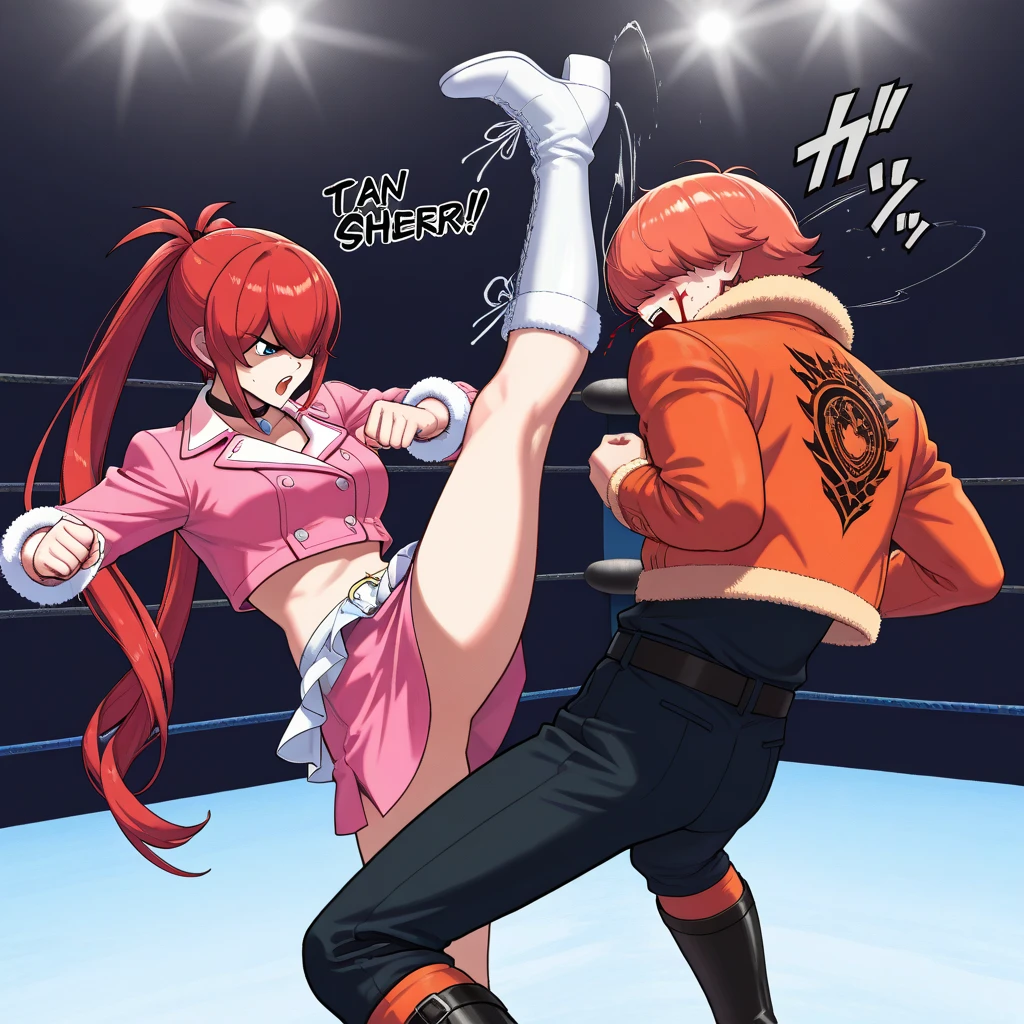 (((masterpiece))),(((best quality))),(ultra-detailed,high resolution:1.2),(illustration),((an extremely delicate and beautiful)),(detailed background), ((((grab her arms)))), nipples, ((((sex from behind)))), standing sex, bent over, (((motion lines)))), vulgarity, (cum in pussy:1.4), (((wrestling ring))), ((1girl,tall stature)and(1boy)), hetero, (1girl,tall stature:1.4), ((((Baobhan Sith/(((fate/)))), red dress, bare shoulders, (((waist-cape))), layered sleeves, red knitted_long boots, high heeled shoes, ((((ahegao)))), (rolling eyes:1.4),(trembling), (cum in pussy:1.4),cum on clothes,cum on breasts,excessive cum, clothing aside, clothed, (1muscular boy,tall stature:1.4), ((((tartaglia/(genshin impact/)))),large penis, [[he looks evil grin]], text,