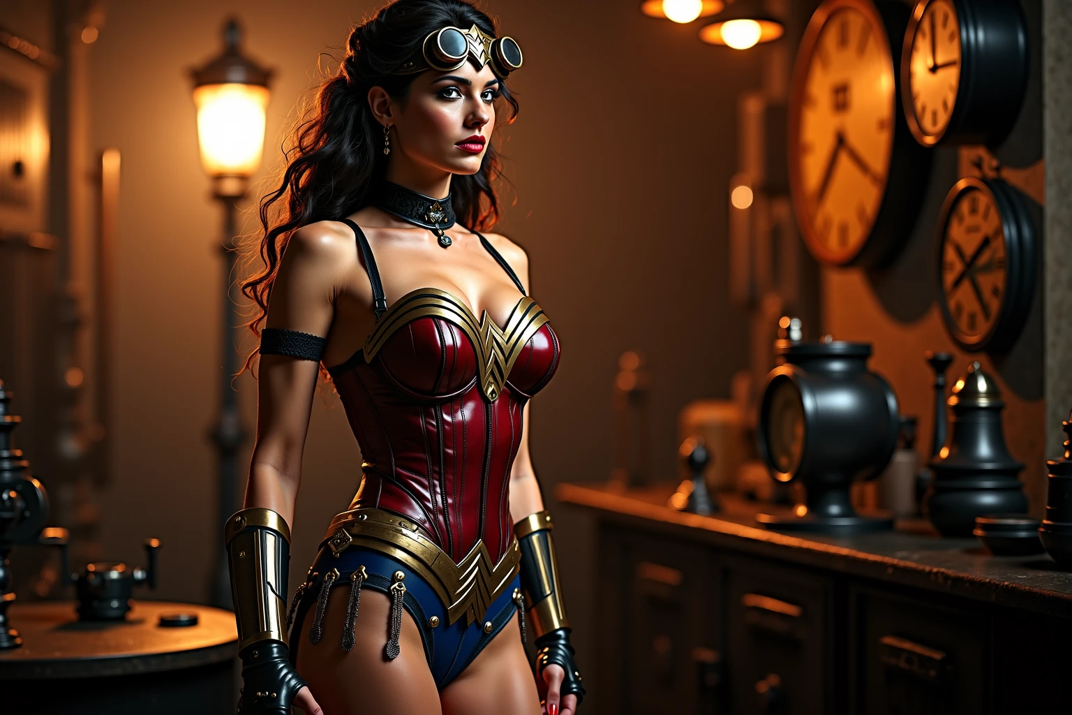 photo of Gal Gadot, RAW, beautiful woman hair updo upsweep in abandoned house, leaning on desk in the mid night), inside room is dimly lit, business outfit, unbuttoned latex shirt, cleavage, showing red panty in sexy short skirt, big boobs, tight skirt , (full body:1), sexy figure, (big boobs:1), (big ass:1), (masterpiece) (perfect proportion)(realistic photo)(best quality) (detailed) (8k) (HDR) (wallpaper) (cinematic lighting) (sharp focus) (intricate) --auto --s2