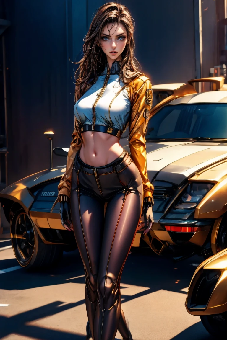 full body, long_hair, gorgeous city girl, average cleavage, western look, skirt and top, hot girl, getting out of sports car, (masterpiece), best quality, high resolution, extremely detailed, blurred background, depth of field, cinematic lighting, night, city lights