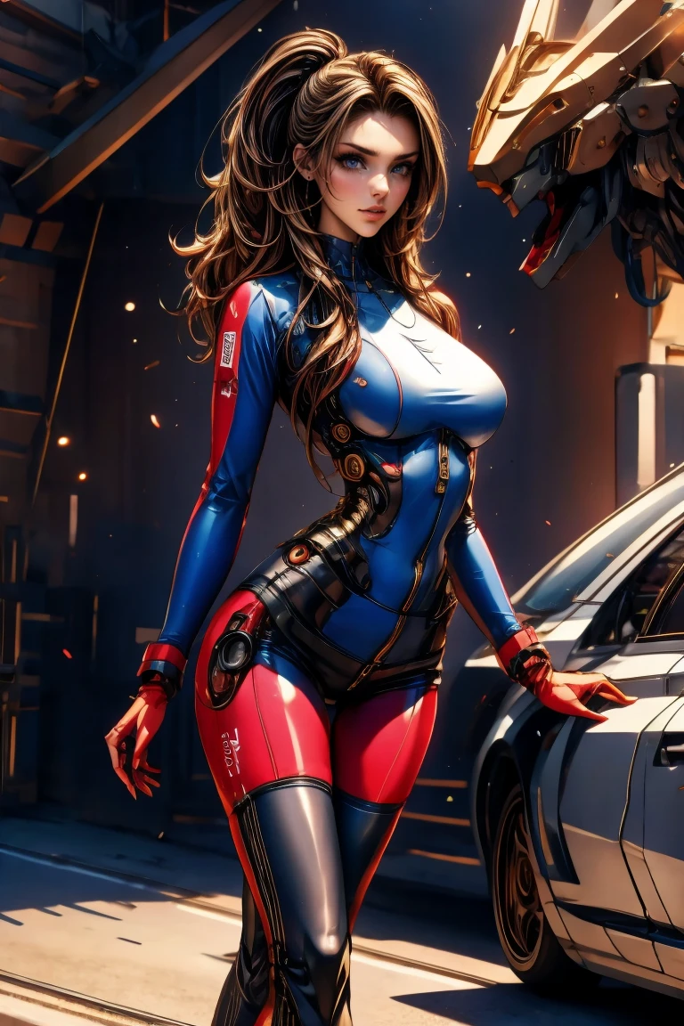 A woman in a dress stands in front of a giant robot, Don Mights, Portrait of Sofia Vergara, Promotional Art, Attractive brown haired woman, Retropunk, The protagonist in the foreground, Inspired by Louis Paul, Mechanic, Young woman anime visual, Compute Shaders, Inspired by Donato Giancola, Youtube thumbnails, Chrome Art 、Camel Toe、Giant tit、Nipple Puffs、Cleavage、Plump、Super big breasts、Super big butt