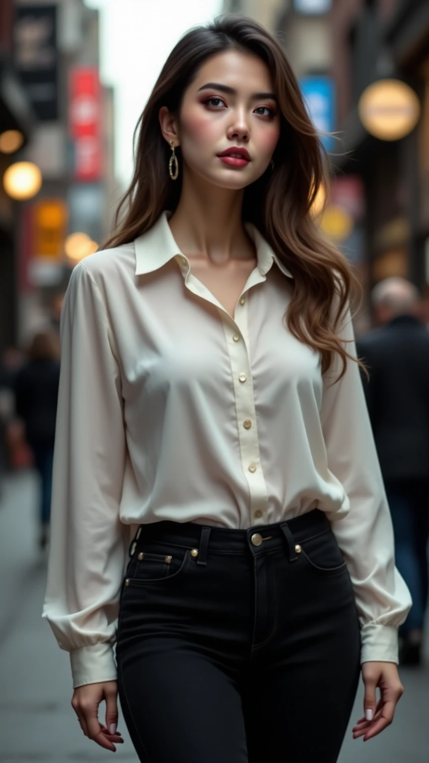 Realistic full body photo of a smiling, Young black-haired girl with long hair, She dances in front of the camera in a long red silk shirt and tight jeans..., Park,glamour fotoshooting, Park, perfect anatomy, perfect brown eyes. Perfect hands with 5 fingers on each hand, Matching girl, looking at the camera, 1 Frau. (Eye make up:1.1), (highly detailed skin:1.1), spirit, analog style, keen focus, 8K UHD, dslr, good quality, Fujifilm XT3, Grain, Award-winning, masterpiece. Park