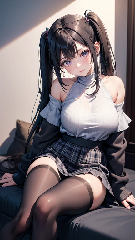 (masterpiece:1.3, highest quality, Ultra-high resolution, Super detailed), (Realistic, photoRealistic:1.4), Beautiful illustrations, Perfect lighting, Natural light, Depth of written boundary, Beautiful detailed hair, Beautifully detailed face, Beautiful fine details, Beautiful clavicle, Beautiful body, Beautiful breasts, Beautiful thighs, Beautiful feet, Beautiful Hands, View your viewers, 1 girl, Very cute girl, , (Perfect Anatomy, Anatomically correct), Cute and symmetrical face, Baby Face, Pce, Perfect Eyes, Shiny skin, (Long Hair:1.8, Twin tails, Black Hair), bangs, Iris, Slanted Eyes, Long Eyelashes, (Very large and ample breasts, juicy thighs, Attractive thighs), (White sleeveless top with frills and a deep neckline, Dark blue pleated skirt:1.3, belt), Pink hair scrunchie, (Beautiful views), amusement park, Pervasive, Ferris wheel, , (Cute smile, Upward glance, Lips parted),((Pantyhose,I can see her panties))