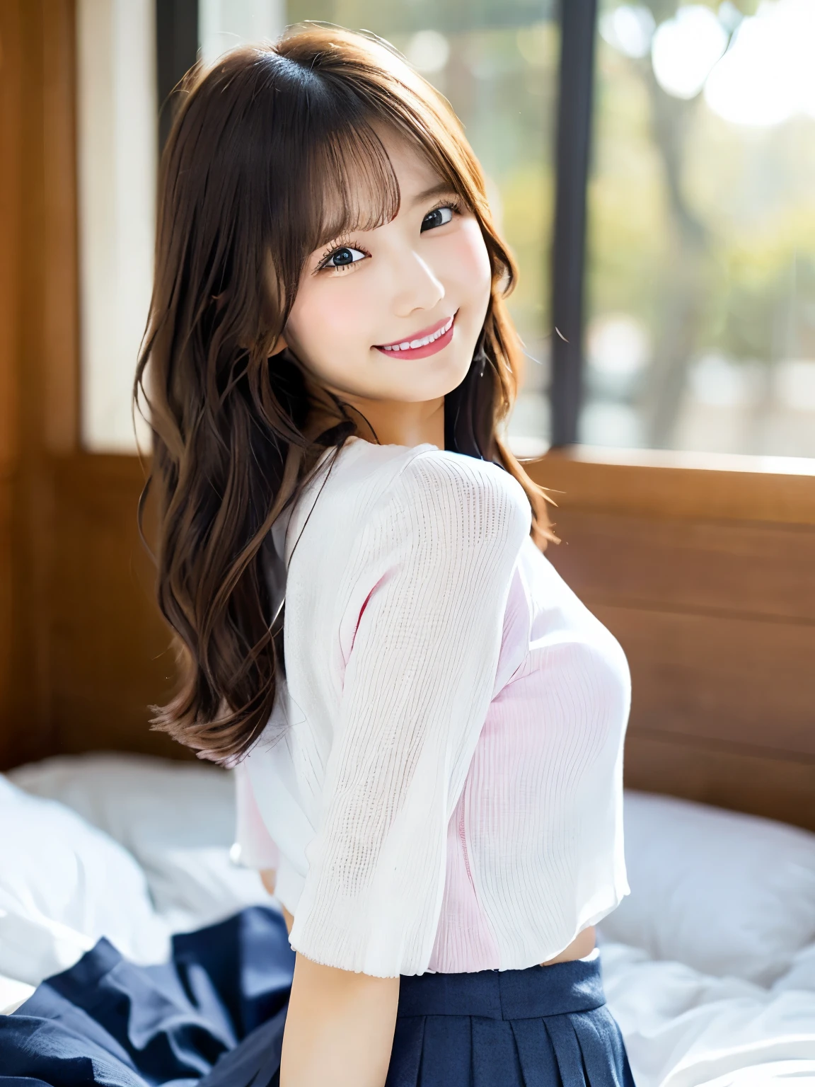 (detailed face),(focus on face),Pink panties, woman, layered clothing, skirt removed, pleated skirt, lying on bed, disheveled white blouse, from behind, half-closed eyes, ((masterpiece)), ((best quality)), (ultra-detailed), ((beautiful eyes)), Japanese female, (slender:1.3), ((30 years old)), beautiful, (flat chest:1.2), (cheerful grin:1.0),