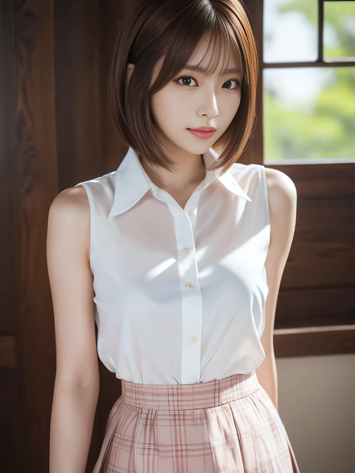masterpiece, best quality, ultra-detailed, unity 8k wallpaper, hyper detailed, realistic, sharp features, highly detailed, professional quality, Photorealistic, hyper realistic, high resolution, Korean Model, Beautiful Korean girl, (19yo:1.3), (everyday makeup, neutral tones), sophisticated look, Perfect facial features, Beautiful Face, Glossy lip, (pink blush pink), Highly detailed face and skin texture, perfect limbs, perfect anatomy, (chestnut brown hair chestnut brown), Bob cut, cowboy shot, (arms behind back:1.2), (white blouse white), (plaid skirt), sunlight, (shyly smiling:0.9),