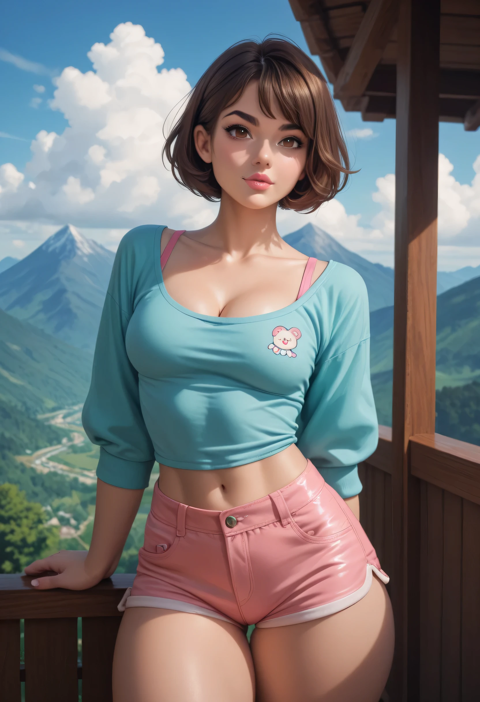 perfect face, feminine, (thick thighs:1.2), ((standing)), perfect body, medium breasts, sky cloud, mountain, Aqua shirt Pink undershirt Short shorts, dark brown hair, short hair, black thin eyebrows, brown eyes, black eyeliners, nose, lips, pink lips, collarbone, cleavage, (nabiki tendo), (chibi)