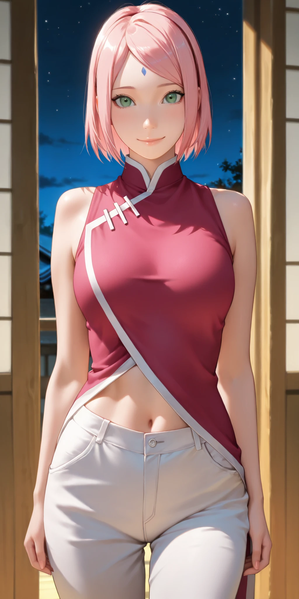Masterpiece, newest, vibrant, very aesthetic, high contrast, mature woman, semrealistic, cowboy shot, 1 girl - Sakura Haruno from Boruto, short hair, pink colour, straight hair bright green eyes, hair down, same outfit as the game, pale red top, white pants, C Cup Breasts, long smooth legs, traditional japanese home, night sky, night time, looking at viewer, gentle smile, masterpiece, best quality, very aesthetic, absurdres, masterpiece, exquisite quality, highest quality, masterpiece, highest quality, (alone), Textured skin, absurdes, High resolution, best quality, highres, absurdres, slim figure, flat stomach, navel showing, toned body, sexy waist, nice breasts