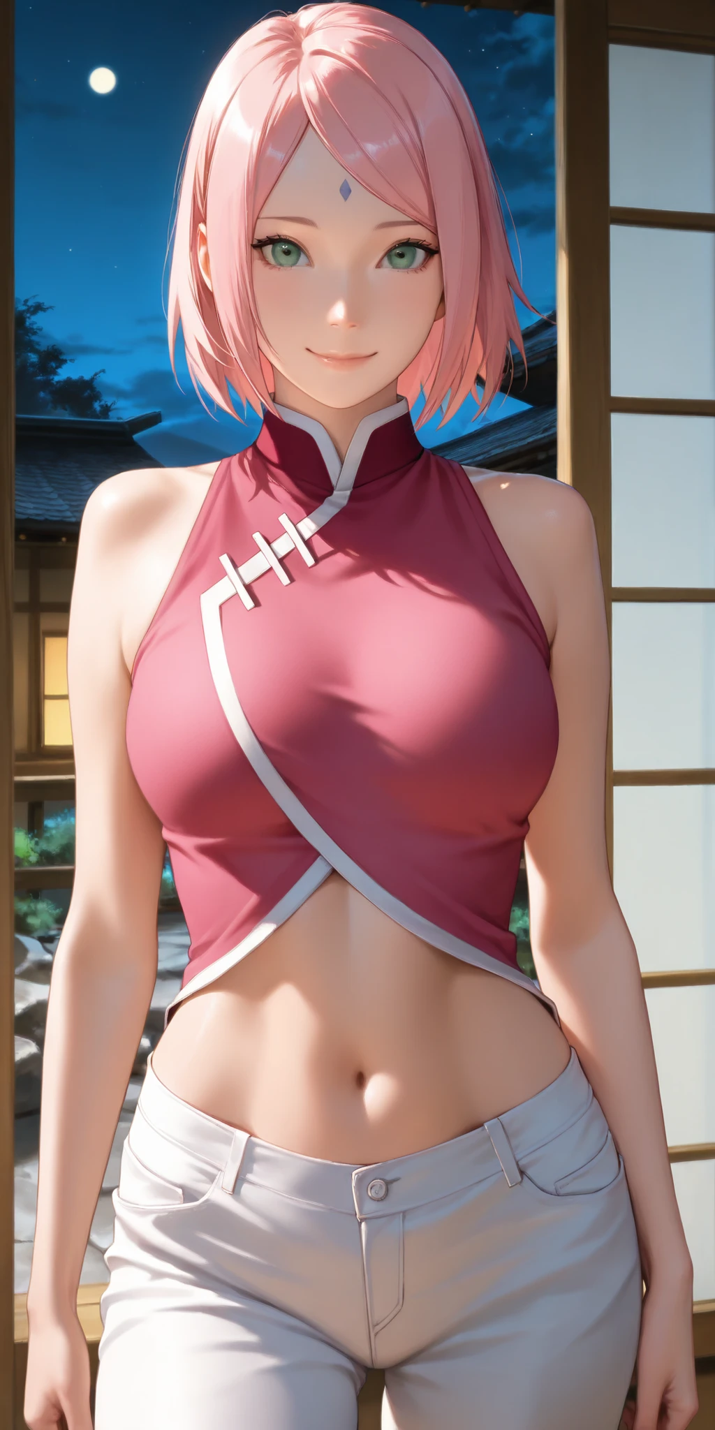 Masterpiece, newest, vibrant, very aesthetic, high contrast, mature woman, semrealistic, cowboy shot, 1 girl - Sakura Haruno from Boruto, short hair, pink colour, straight hair bright green eyes, hair down, same outfit as the game, pale red top, white pants, C Cup Breasts, long smooth legs, traditional japanese home, night sky, night time, looking at viewer, gentle smile, masterpiece, best quality, very aesthetic, absurdres, masterpiece, exquisite quality, highest quality, masterpiece, highest quality, (alone), Textured skin, absurdes, High resolution, best quality, highres, absurdres, slim figure, flat stomach, navel showing, toned body, sexy waist, nice breasts