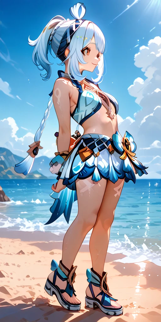 Exotic、Tropical、Light blue hair、short hair、woman、Arabian、Wearing a red dancer's outfit、