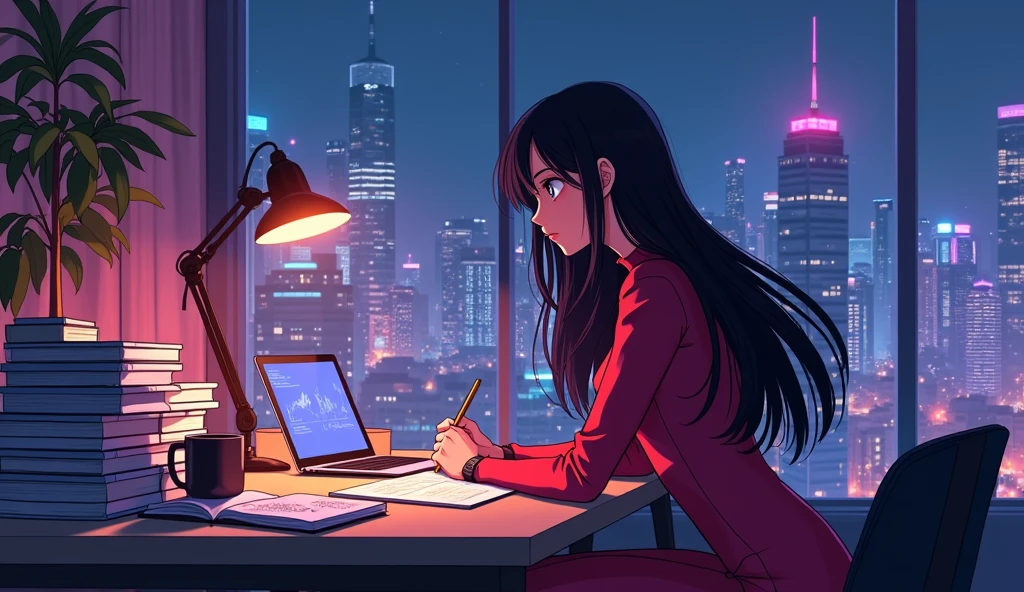 

Create an anime-style illustration of a young woman studying late into the night in a modern apartment, set against the vibrant backdrop of a neon-lit cityscape. The scene should be rich in detail and atmosphere, capturing the essence of cyberpunk aesthetics with a touch of warmth and focus.

- **Character Design:** The girl has long, flowing black hair that cascades over her shoulders, styled in a way that adds movement and dynamism to the scene. Her eyes are large and expressive, reflecting determination and concentration as she works. She wears a sleek, form-fitting outfit in bold shades of red and purple, which complements the neon hues of the city outside. Her posture is slightly hunched over her desk, emphasizing her dedication to her studies.

- **Art Style:** Use clean lines and sharp contrasts typical of anime art. Incorporate vibrant colors, especially purples, blues, and reds, to enhance the cyberpunk vibe. The lighting should be dramatic, with warm, focused light from the desk lamp contrasting sharply with the cool, electric glow of the city lights streaming through the window.

- **Environment:** The room is modern and minimalistic, with a large desk that serves as the focal point. The desk is cluttered with study materials—stacks of books, notebooks filled with handwritten notes, a laptop glowing softly, and a mug of coffee or tea. A tablet lies open beside her, displaying digital diagrams or notes. The background features floor-to-ceiling windows that offer a breathtaking view of the city at night. Skyscrapers are bathed in neon lights, creating a mesmerizing kaleidoscope of colors that reflect off the glass.

- **Atmosphere:** The scene should feel both intense and serene. The warm glow of the desk lamp creates a cozy bubble of focus around her, while the bustling city outside adds a sense of energy and life. The interplay between the soft indoor lighting and the harsh, colorful neon lights outside creates a striking visual contrast. 