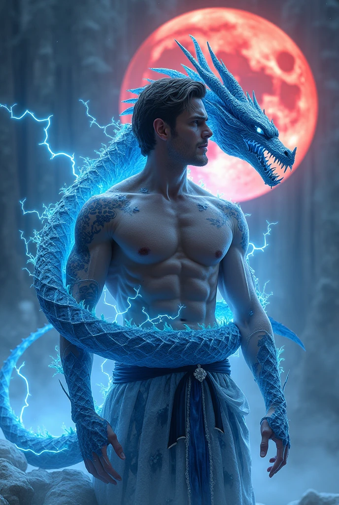 Male top nude white skinned brown hair lightly muscled mortal kombat karetker has big realistic wild blue ice dragon wrapped around his body icy mountain blue lightning red full moon get a realistic picture