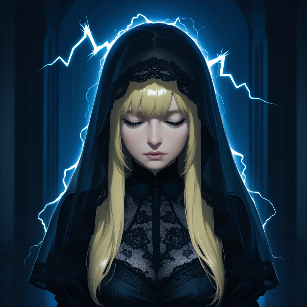 Japanese anime-style artwork of a beautiful blonde European woman wearing a gothic black lace dress. She is shown in a bust-up composition with a soft, melancholic expression in a dimly lit room filled with candlelight. A sheer black mourning veil—worn at Western funerals—drapes over her head and gently covers her eyes. Her face and hair are vividly highlighted with intense blue lighting, creating an ethereal and mysterious atmosphere with an overall cool, bluish tone. Surrounding her upper body, dynamic and bold lightning bolts of electric blue energy are clearly visible, with crackling sparks and arcing bolts that visibly leap through the air, as if charged by an otherworldly storm. Highly detailed, anime-style illustration with realistic lighting and delicate rendering.
