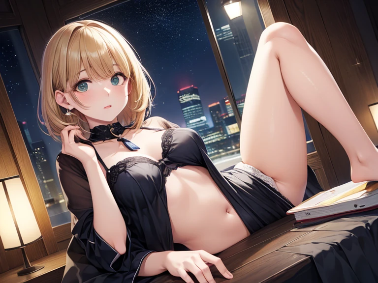 Best Quality,High resolution,8K,finelity detailed background,Masterpiece:1.2),beautiful girl,Shiny khaki hair,crossed bangs,khaki eyes,Gentle look,A refreshing look,smile,Best quality,Best Quality,Aesthetic and aesthetic:1.2,Best details((Super detailed))(High-definition CG illustrations),Upper Body,Dark grey underwear, (gray,intricate lace),Slender body,night,moon,Bedroom,On the bed,smile,blush,cute,Scrounge,Looking up,Being spoiled,super model,wariza,shoot from,below
