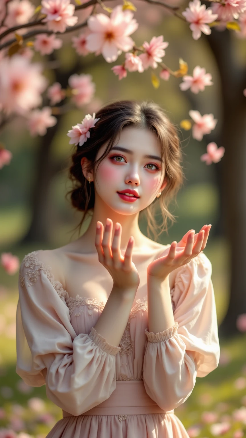 The expression of a woman in love,Wearing a beautiful dress,Looking at the viewer with one's hands wide open,Slight redness on the cheeks,Park with falling flower leaves,Exquisite Description,high res,4K,realistic painting style like a photograph,beautiful light and shadows,exquisite texture,Spring Park,beautiful flowers and trees,gentle tones,Adult woman with soft tone
