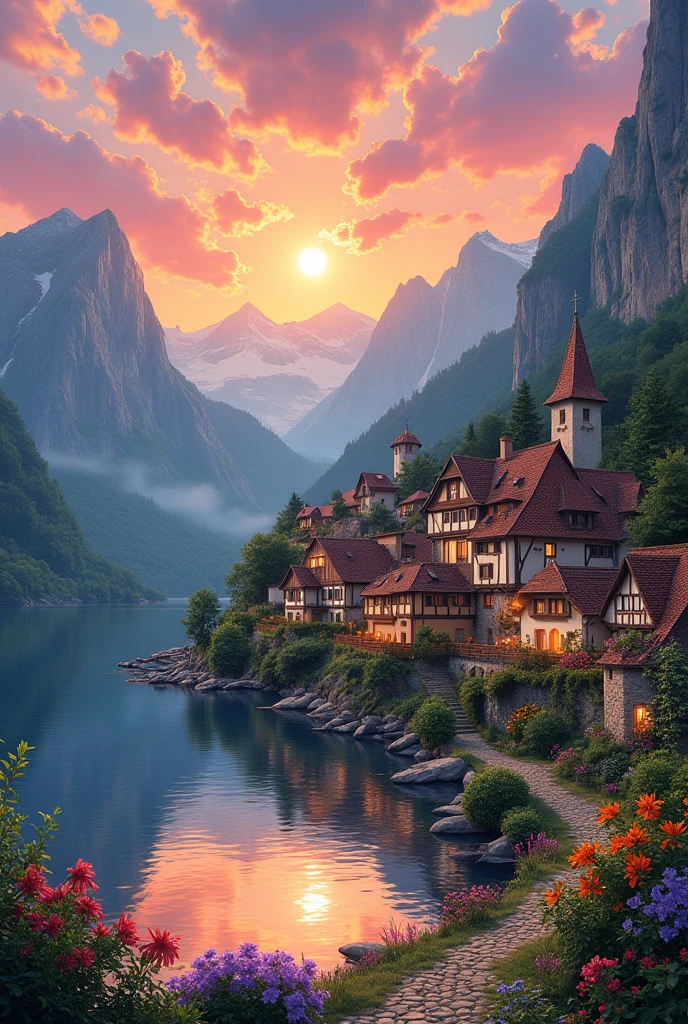 A small town by the river, mountains in the background, colorful floral flowers, detailed landscape, beautiful natural landscapes, atmospheric lighting, scorching sunset, warm colors, practical, photographic, detailed foliage, complex buildings, cobblestone street, charming country house, vibrant colors, lush vegetation, reflections in the water,  picturesque, idyllic, artwork, best quality, 8K, colors, anime style