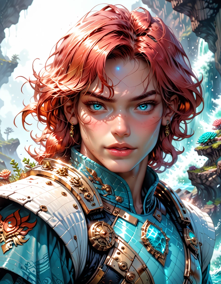 A solar tide champion, 23 years old, with short wavy golden hair streaked with glowing aqua, his blue eyes radiant with vigor, his bronzed skin luminous, wearing a godly armor of solar steel with pearl tide veins and floating sapphire orbs (((sexy young man))), on a glowing sunlit coral reef, waves shimmer with heat, ultra-realistic, HDR, rendered 8K, bold cinematic fantasy triumph.