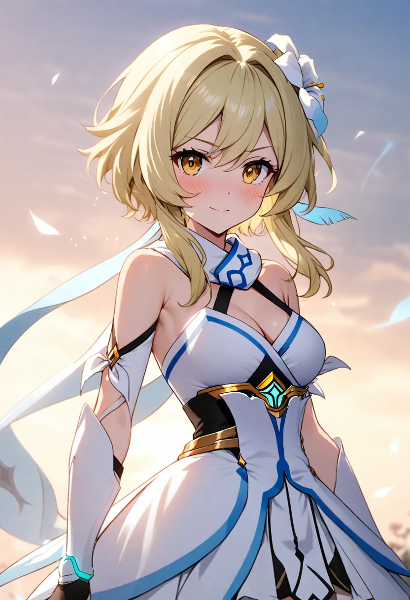 masterpiece, best quality, very aesthetic, absurdres, 1girl, mature_lady,white_dress,(cum_on_body:1.3),,lumine_(genshin_impact), genshin_impact, blonde_hair, short_hair_with_long_locks, sidelocks, yellow_eyes, hair_flower, hair_ornament, flower, white_flower,,in space,floating droplets of water