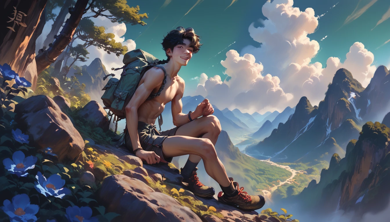 a skinny chinese boy, 20 years old, he is climbing on a rocky mountain with his backpack, he has long hairtyle, slim body, skinny abs, naked, he is showing his body, wearing only his shorts, happy facial expression, warm light details of the forest valley, green mountains, flowers, cloudy sky.