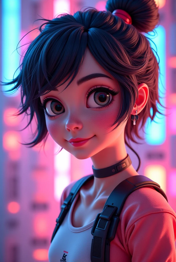 Create a complete picture of female gaming character she looks very cute and intelligent 